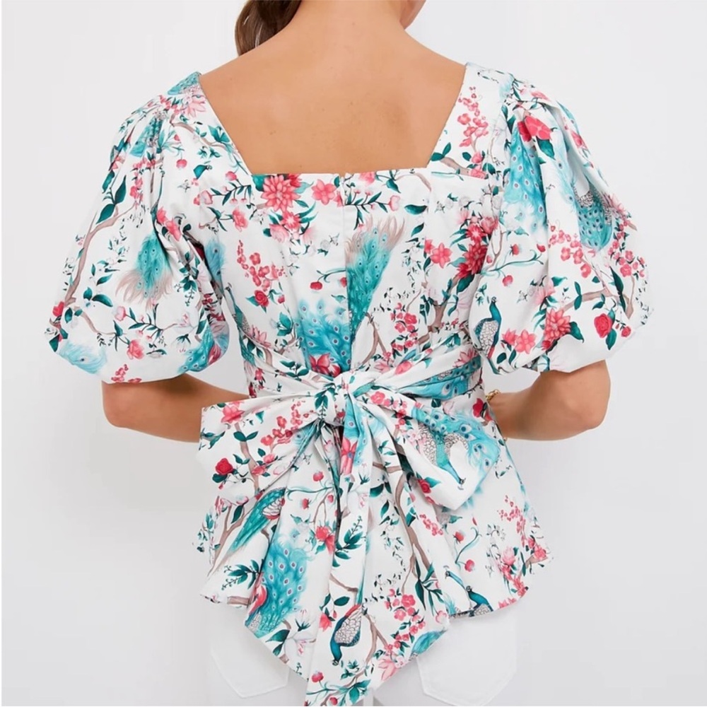 Chloe Kristyn Puff-Sleeve Square Neck Peplum Top - Peacock Print